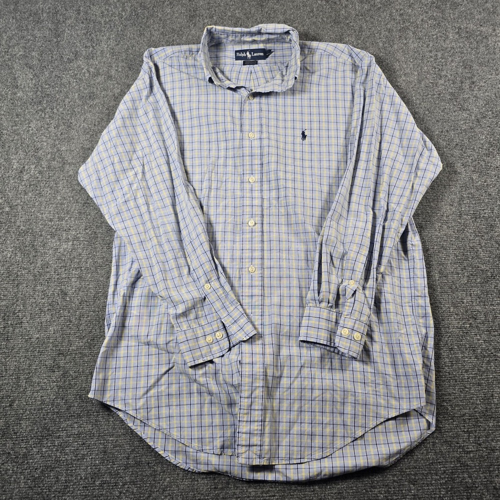 Ralph Lauren Yarmouth Shirt Mens 15.5 Blue Yellow Plaid Button Down Cotton Pony